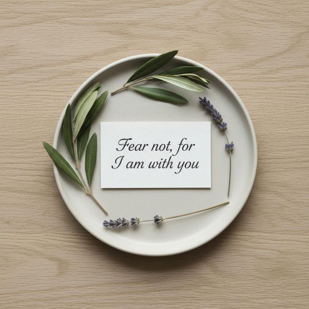 A small, linen-textured card with the words “Fear not, for I am with you” elegantly printed in dark charcoal ink lies centered on a pale, matte ceramic plate. Around the plate, a few dried olive leaves and a single sprig of lavender rest on a light oak tabletop, adding subtle organic detail. Diffused overcast light from an unseen window gently illuminates the scene, softening every edge and casting barely-there shadows. Captured in photographic realism from a top-down, bird’s-eye view, the composition is minimal, balanced, and spacious. The mood is soothing and pastoral, evoking comfort, quiet hope, and the gentle assurance of Christ’s promises for the weary.
