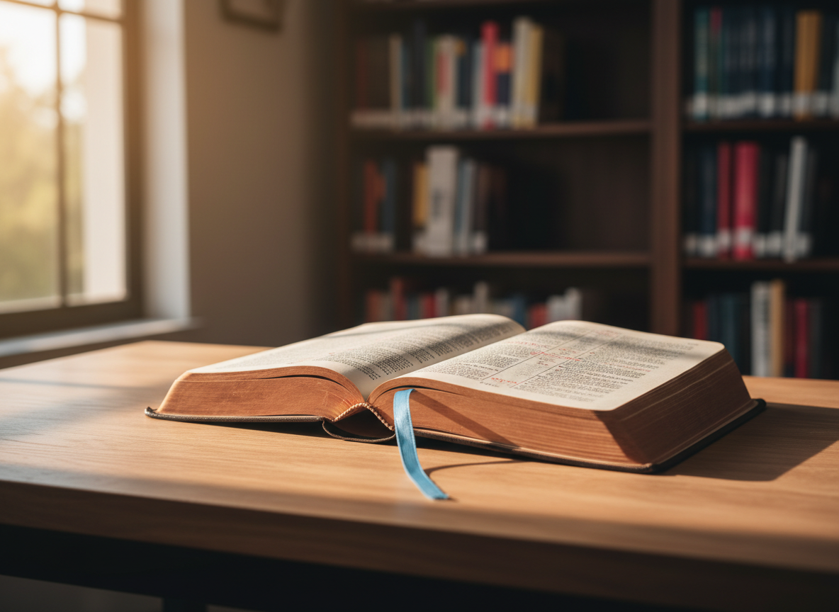 An open, well-worn leather Bible lies on a simple wooden table, its thin pages slightly curled at the edges, a soft blue ribbon bookmark resting between passages. The table stands near a large window in a quiet study lined with blurred shelves of books in the background. Late-afternoon natural light pours in, casting warm, gentle highlights across the textured pages and creating long, calm shadows on the wood. Photographic realism with a clean, modern aesthetic, captured at eye level with a shallow depth of field, keeps the focus on the printed words. The mood is peaceful, inviting reflection and assurance, with a subtle sense of timelessness and clarity.