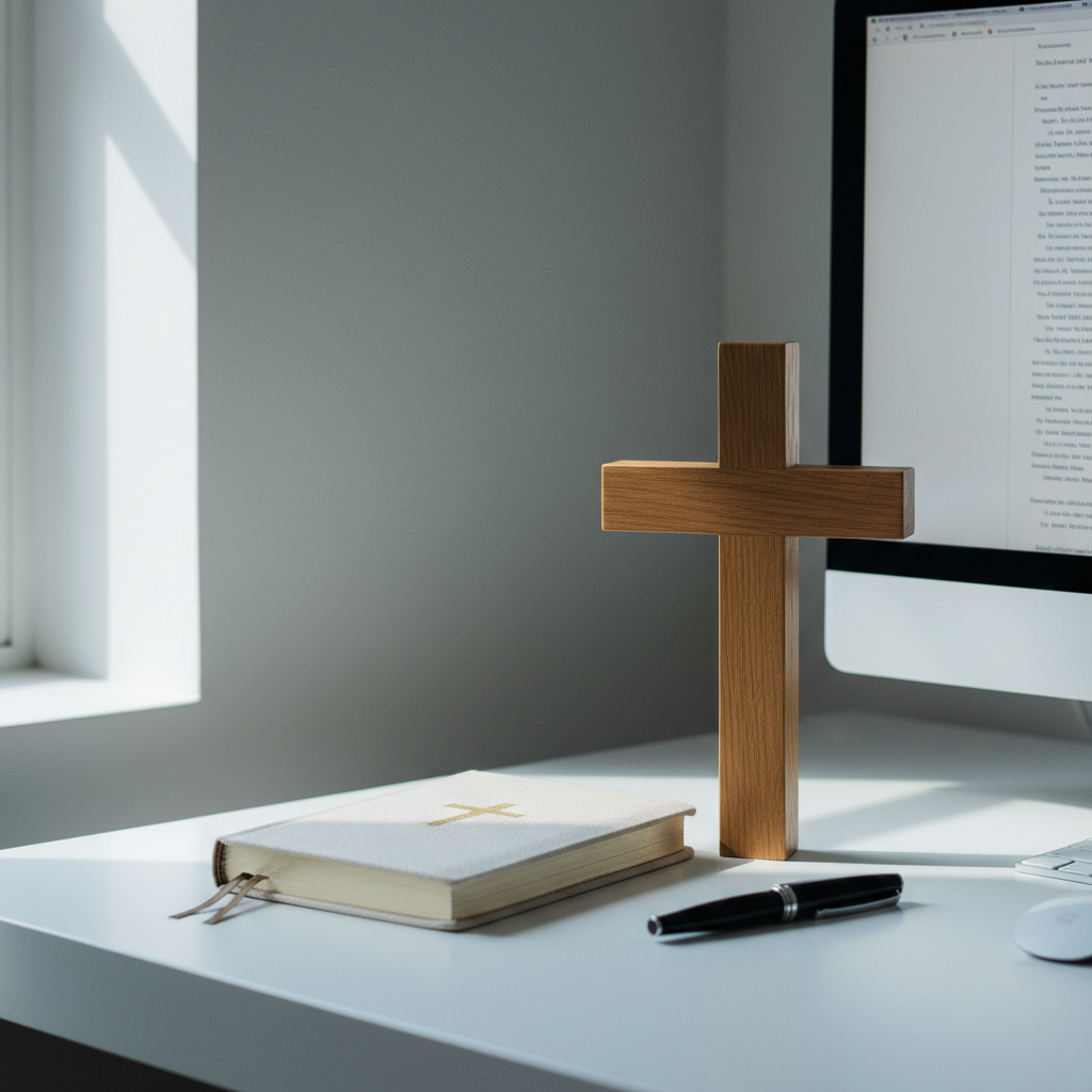 A single sturdy wooden cross, crafted from smooth, medium-toned oak, stands on a minimalist white desk beside a closed, cloth-bound journal and a slim black pen. Behind it, a softly out-of-focus computer screen displays faint lines of text, hinting at digital study. Cool morning light filters through a nearby window, creating a gentle gradient across the wall and a soft reflection on the desk surface. Photographic realism with a clean, professional look, shot from a slightly elevated angle following the rule of thirds, emphasizes thoughtful study and modern engagement with theology. The atmosphere is calm, ordered, and contemplative, suggesting clarity for a questioning mind.